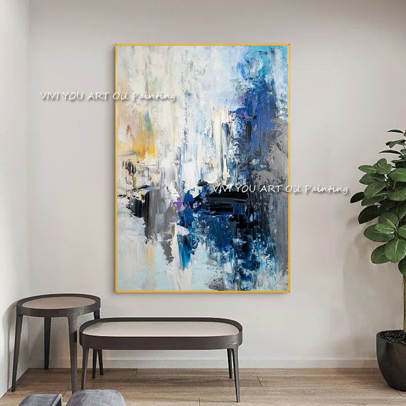 

Large Size 100% Handmade Watercolor Abstract oil painting Blue Grey Modern Handpainted Canvas for Home Living Room Decoration