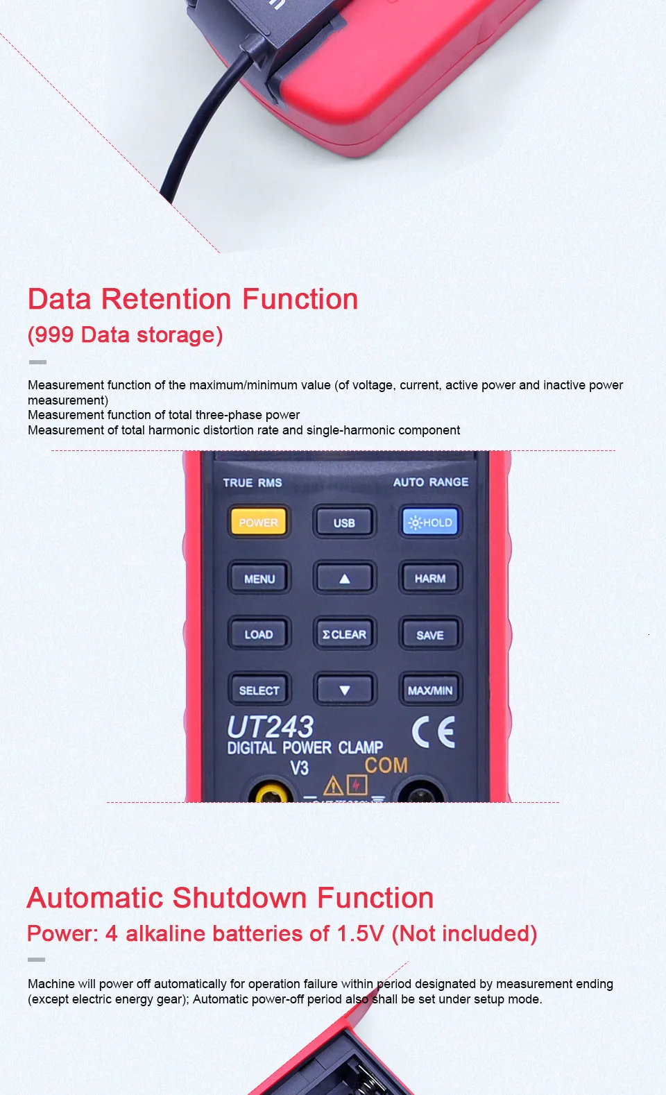 UNI-T UT243 измеритель мощности и гармоники, токоизмерительный прибор, RMS, цифровой мультиметр, вольтметр переменного тока, амперметр, 40~ 80 Гц, Частотный тестер
