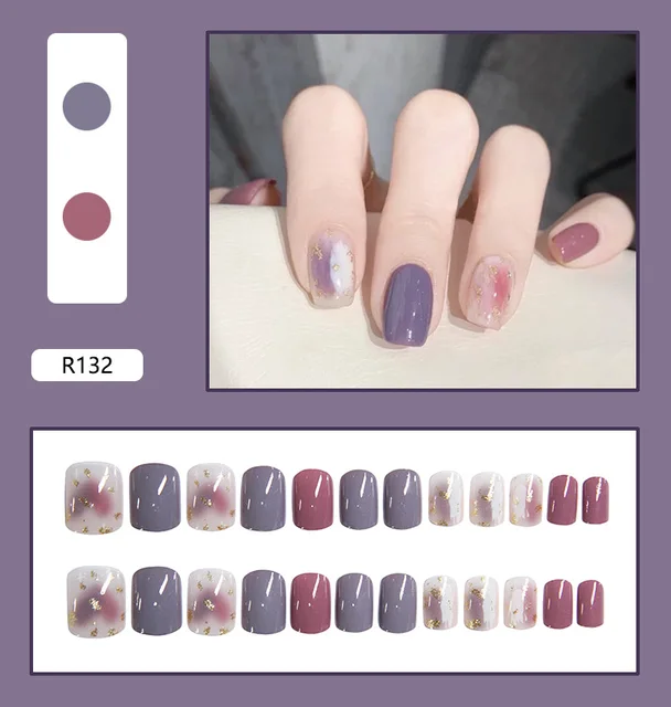 24 Sheet/Set Cute Face Fake False Nail Tips Grid Round Full Cover Glue Manicure Makeup New Design Pure Art Nail Stickers R132