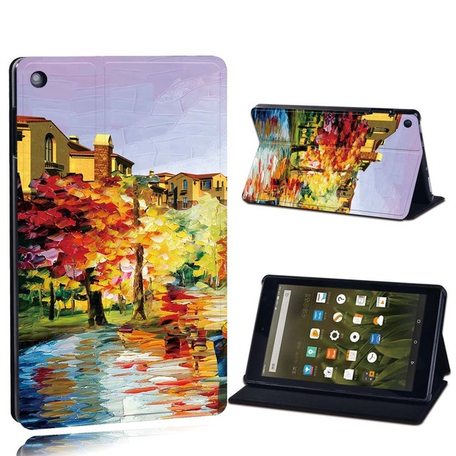 Amazon Fire 7 5/7/9th Gen / Fire HD 8 / 10 with alexa Printed Painting PU Leather Tablet Stand Folio Cover Case
