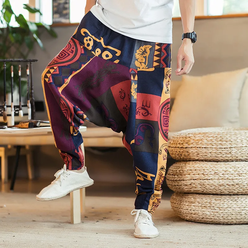 

Large Size 2019 Spring Clothing New Style Chinese-style Men'S Wear Linen And Cotton Linen Flower Color Pants Hip Hop Saggy Pants
