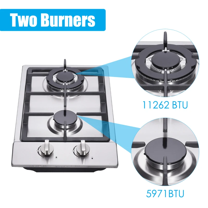 12" Gas Cooktop Dual-Burners Drop-in Propane/Natural Gas Cooker Stove LPG/NG Dual Fuel Easy to Clean 110V-220V US/EU Plug