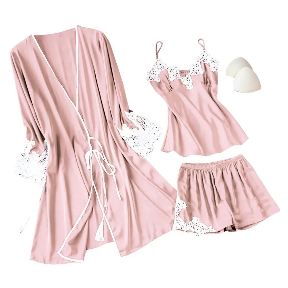 Pink Сексуальное ночное белье, женское кружевное ночное белье, сексуальное нижнее белье Babydoll, костюм из 3 предметов, летняя женская домашняя одежда с принтом розы, тонкий халат, набор A3 - Цвет: Pink