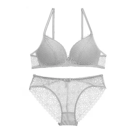 Grey with panties Новые бюстгальтеры для женщин, комплект кружевных бюстгальтеров пуш-ап, сексуальный бюстгальтер и трусики, комплекты нижнего белья, белый бюстгальтер без косточек, беспроводной бюстгальтер, нижнее белье для девочек - Цвет: Grey with panties
