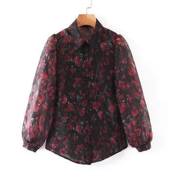

Turn Down Collar Tshirts Women Fashion Transparent Printed Tops Women Elegant Three Quarter Tees Female Ladies JC
