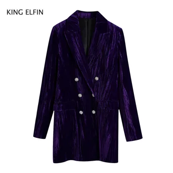 

KING ELFIN fashion Za blazer women 2020autumn casual loose suit collar costume jewelry button velvet pocket purple blazer female
