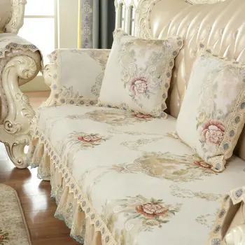 

European Chenille Jacquard Lace Sofa Cover for Living Room 2/3 Seater Slipcover Couch Furniture Recliner Protector Nonslip Beige