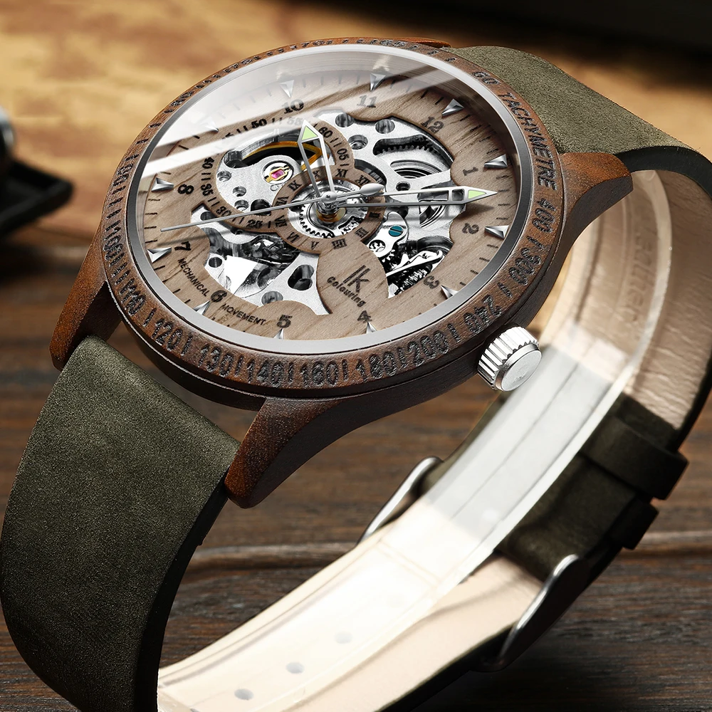 Наручные часы IK Мужские механические окрашенные в дерево с кожаным ремешком