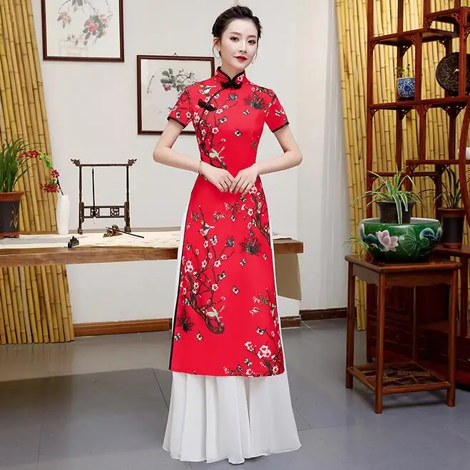 Белый плюс размер 4XL 5XL Китайский традиционный Женский Aodai цветочный принт Qipao винтажный Чонсам Новинка китайское торжественное платье - Цвет: red A
