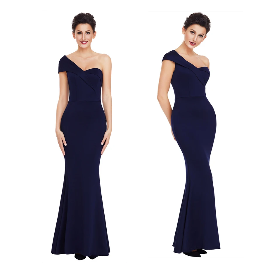 Тёмно-синий Одно плечо Русалка Вечерние платья шифон Robe De Soiree Новинка Красного размера плюс женские вечерние платья элегантные вечерние платья T045 - Цвет: Тёмно-синий