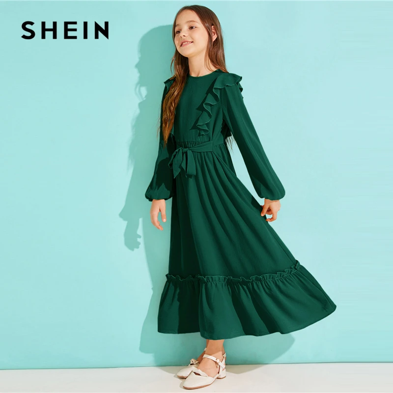 SHEIN Kiddie/однотонное платье с оборками на подоле для девочек с поясом; коллекция года; сезон осень; милые детские макси платья с высокой талией на молнии сзади