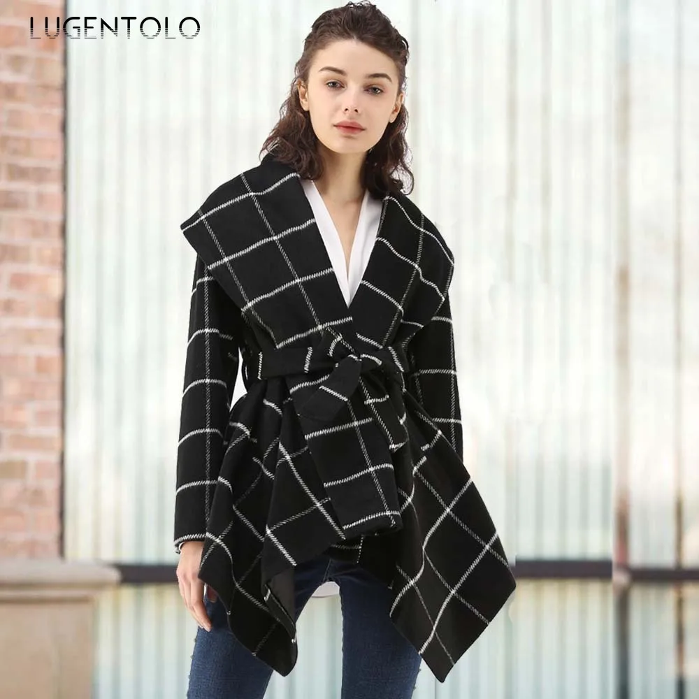 Lugentolo, Женское шерстяное пальто, осень и зима, модное шерстяное, на шнуровке, средней длины, с длинным рукавом, с отворотом, с карманом, повседневная куртка для женщин