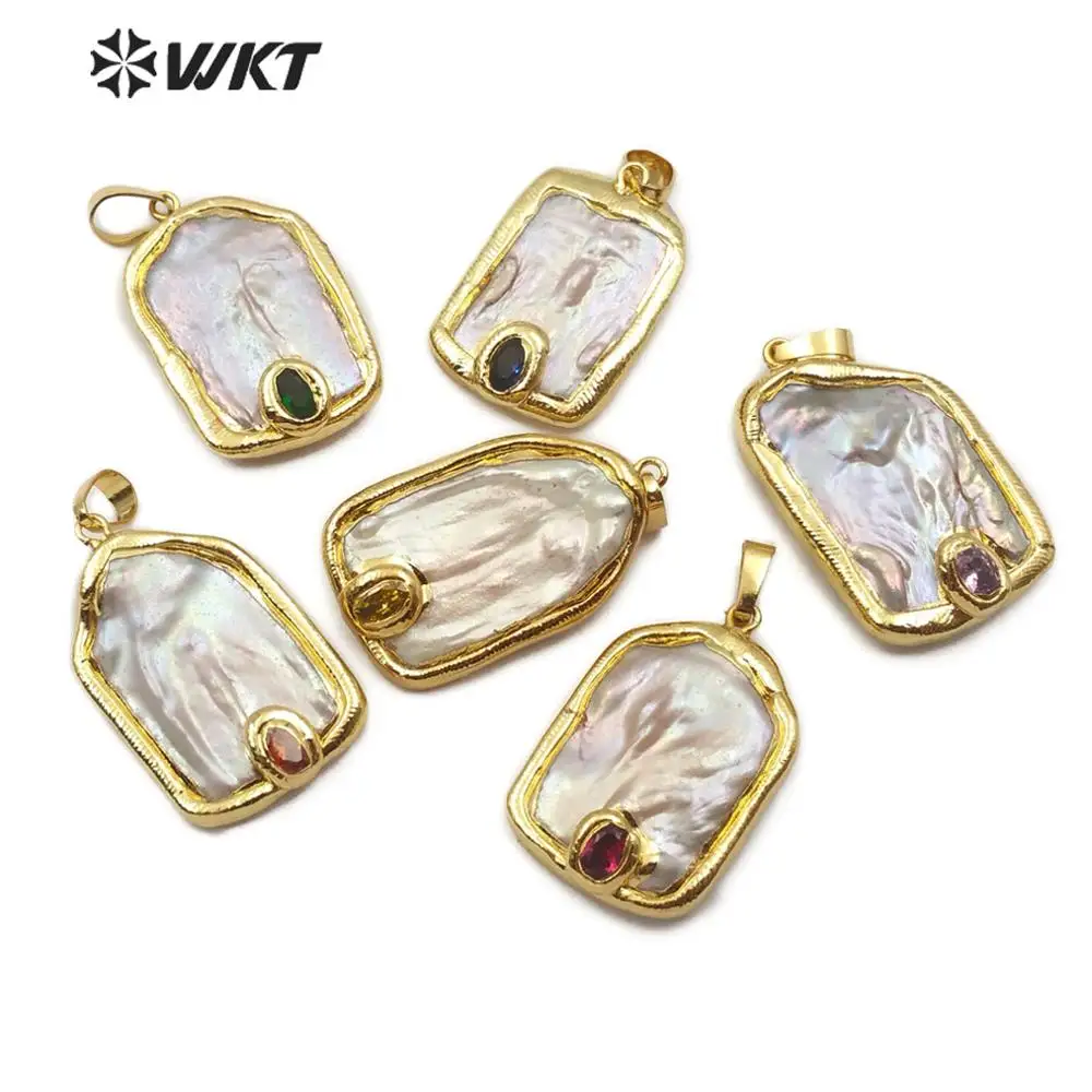 

WT-JP156 WKT Natural Pearl And Color Stone Rectangle Shape Gold Electroplated Pendant Women Fashion Necklace Pendant Jewelry