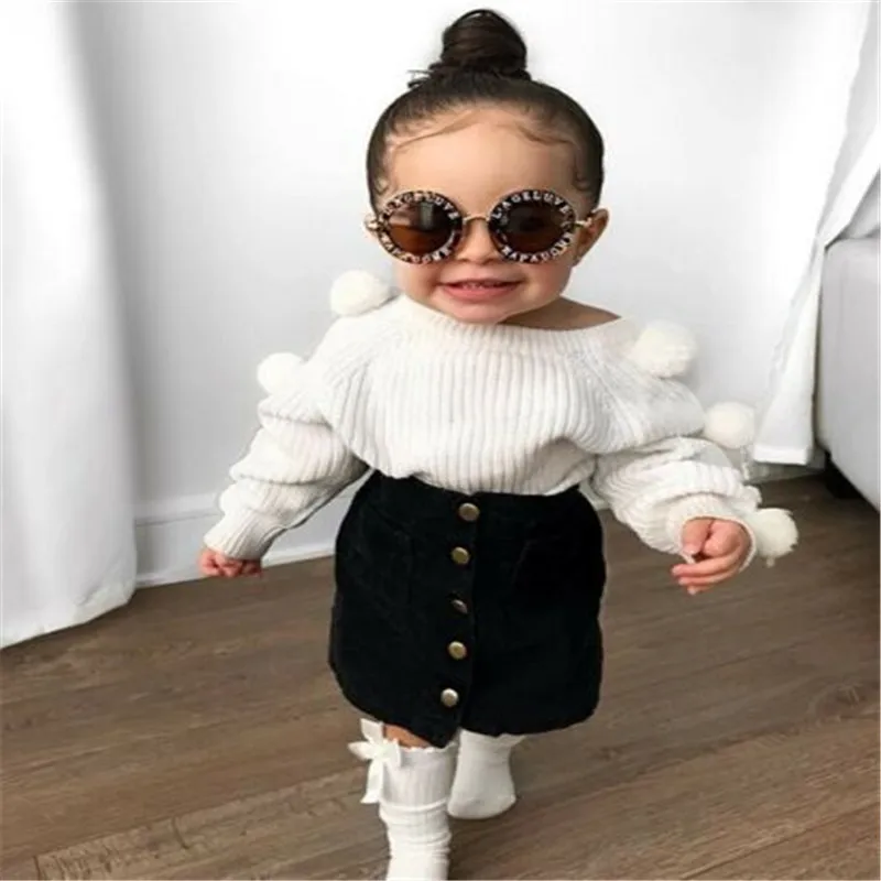 

US Autumn Newborn Baby Kid Girl Warm Long Sleeve Casual Solid Outfits Sets Hairball Knit Tops+Button Mini Skirts