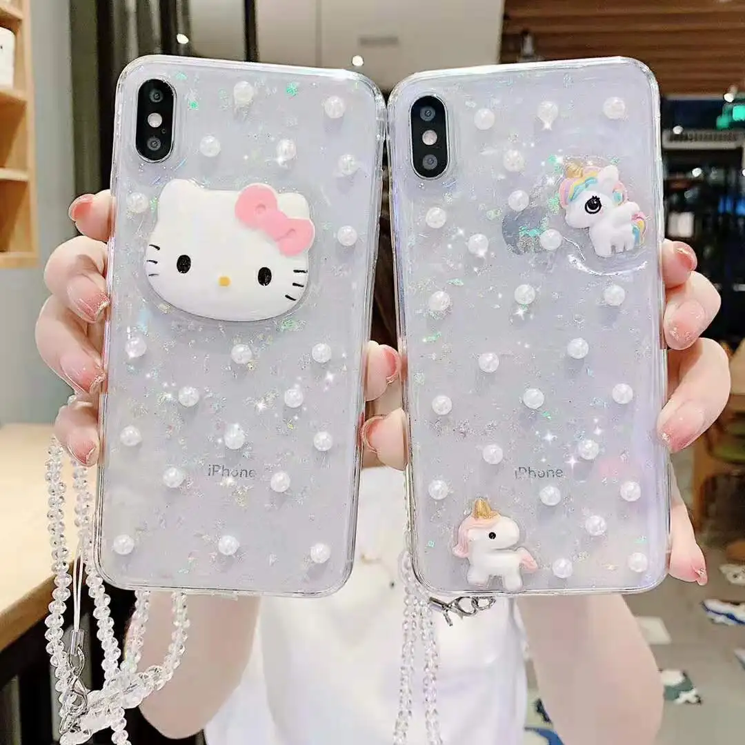 

3D cartoon kitty pearl unicorn transparent mobile phone case for iPhone x xs xr max 7 8 6 6s plus Epoxy inlay craft protector