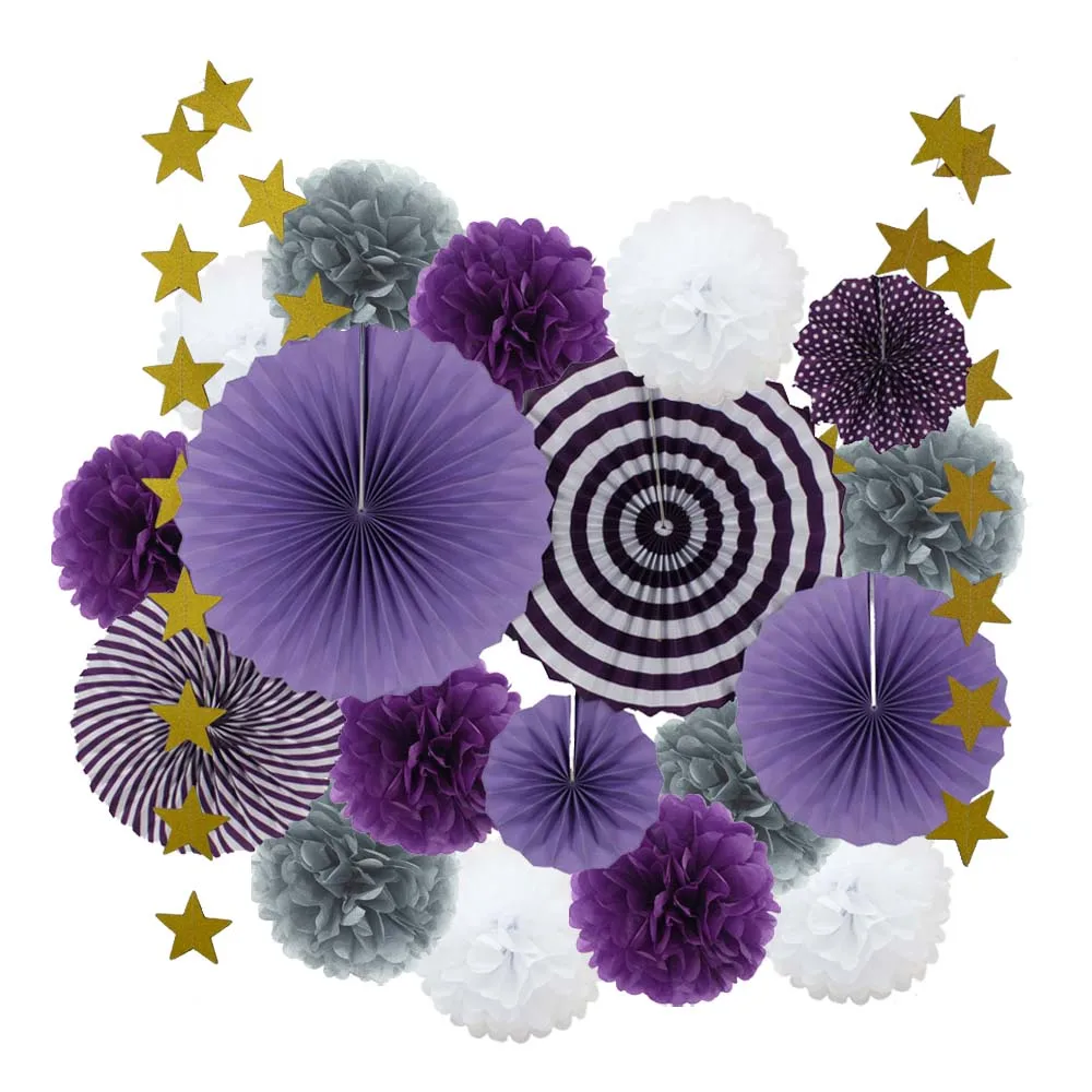 Grey Purple Set 19 шт. розовый набор висячие бумажные поделки для маленьких девочек Крещение мальчика Дети День Рождения Подарок бумажный вентилятор детский сад декор украшения - Цвет: Grey Purple Set