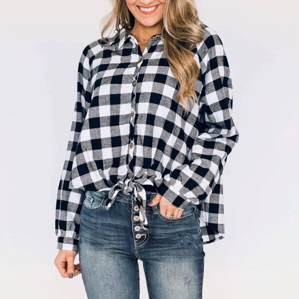 

2020 new fashion shirt women's winter lapel check long-sleeved button cardigan shirt top