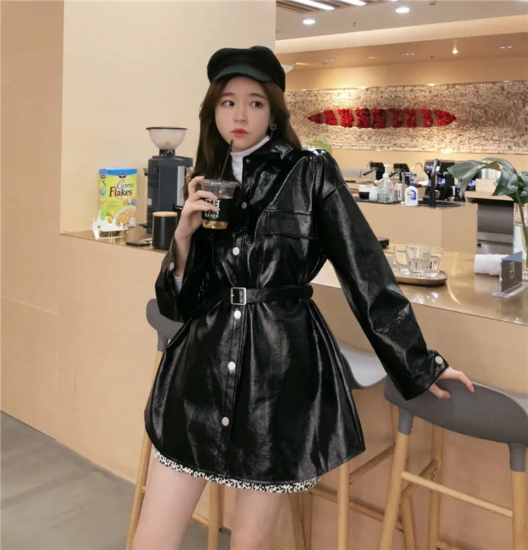 Faux Leather Coats Women Fashion Slim PU Jackets Women Elegant Tie Belt Waist Buttons Coats Female Ladies