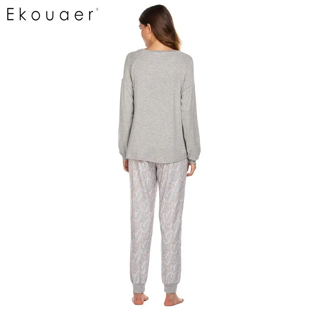 Ekouaer/женская зимняя пижама из двух предметов, Пижамный костюм с круглым вырезом и длинными рукавами, домашняя одежда, пижамный комплект, женская ночная рубашка