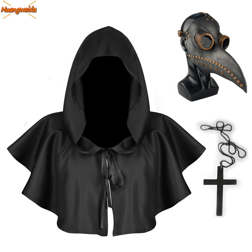 

Grim Reaper Cosplay Death Cape Cloak Christian Steampunk Plague Doctor Maske Cross Robe Priest Halloween Costume for Women Witch