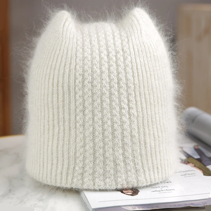 

Simple Girl Rabbit fur ear Beanie Hat for Women Winter Skullies Warm wool Cap Gorros Female Cap