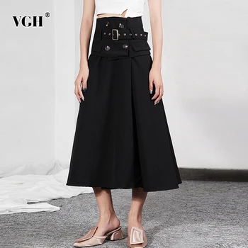 

VGH Causal Asymmetrical Women Skirt High Waist With Sashes Midi Ruched Elegant Skirts For Female Fashion Clothes 2020 Summer New