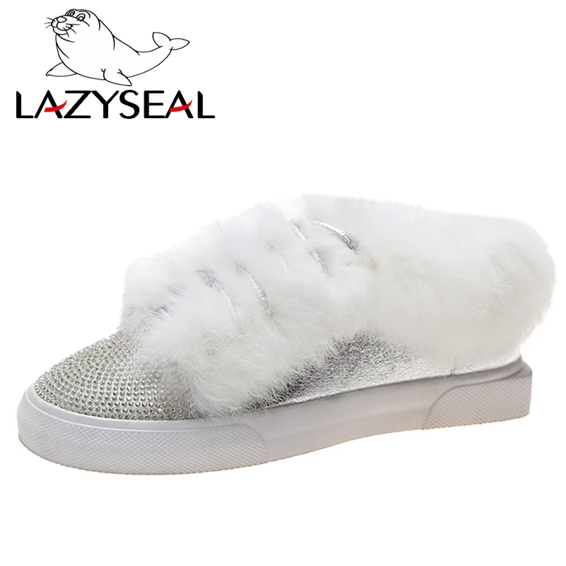 LazySeal-зимняя обувь с украшением в виде кристаллов женские лоферы на плоской подошве с натуральным мехом женские туфли без задника на шнуровке с круглым носком