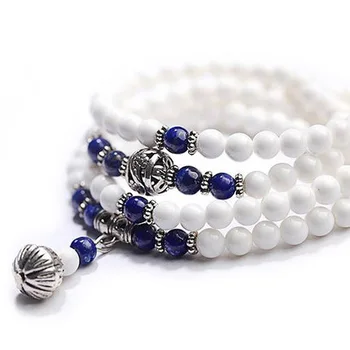 

NATURAL WHITE TRIDACNA STONE 108 BEADS BUDDHA PRAYER BEADS WITH BAZIL LAPIS LAZULI LOVER BRACELET GREAT GIFT BRING GOOD LUCK