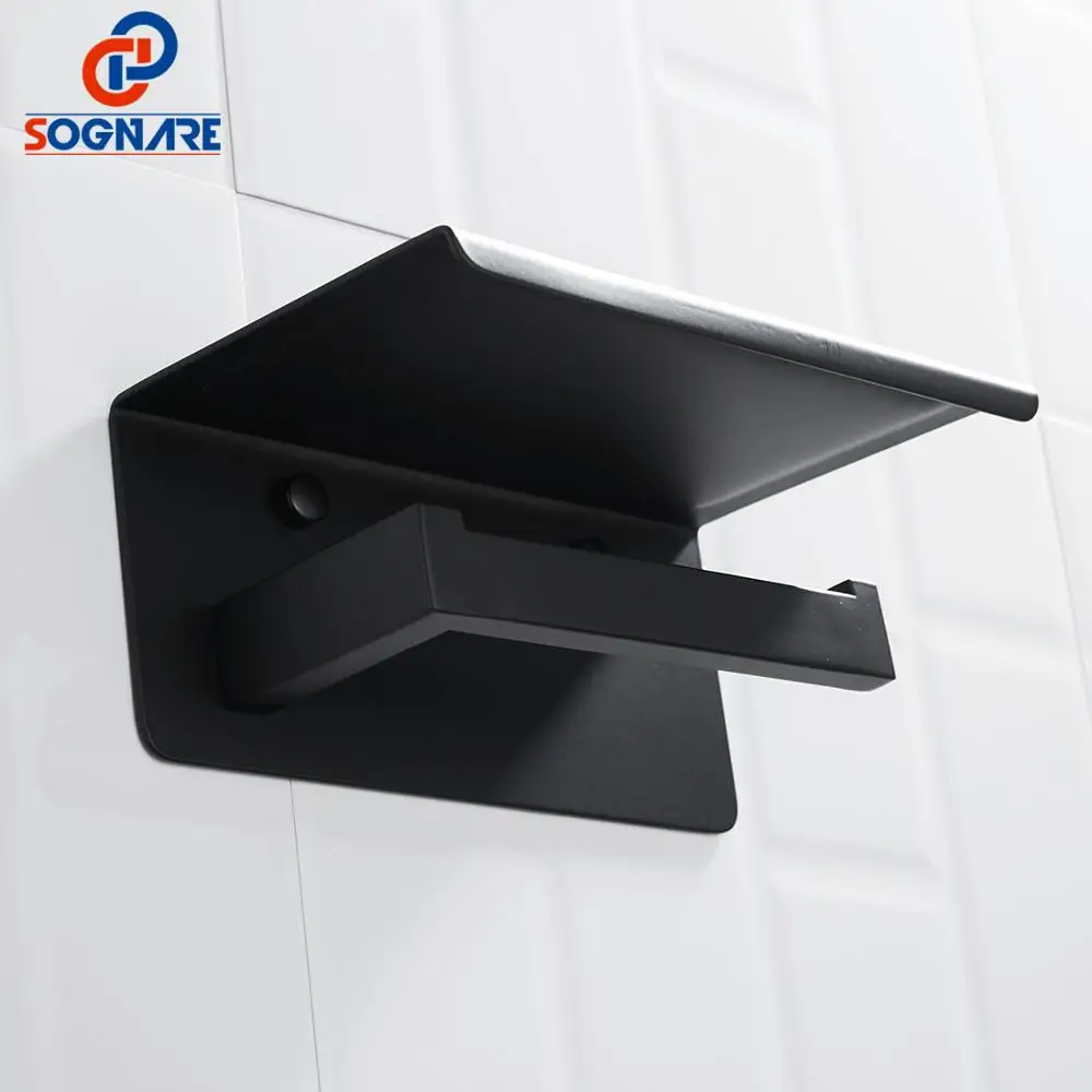 SOGNARE 304sus Black Toilet Roll Paper Rack with Phone Shelf Wall Mounted Bathroom Paper Holder Bathroom Shelves Tissue Boxes