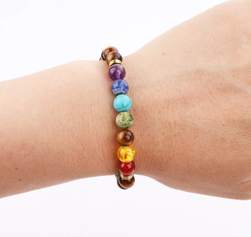 7 Chakra Bracelet Yoga Power Bracelet Free Custom Text Gold Stainless Steel Charm Male Beaded Elastic Bracelet Gift Men women - Image 5