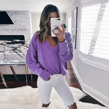 

2020 Sweater Women Jumper V-neck Solid Loose Sweater Female Pullovers Women Warm Sweater Winter Knitted Sweater Pull