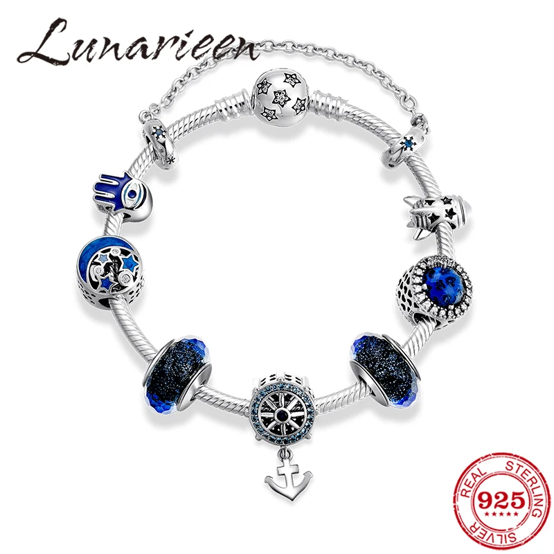 Hot 925 Sterling Silver Bracelets for Women Anchor Blue Enamel Star Crystal Beads Charm Snake Chain Bracelet Party Jewelry Gift | Украшения