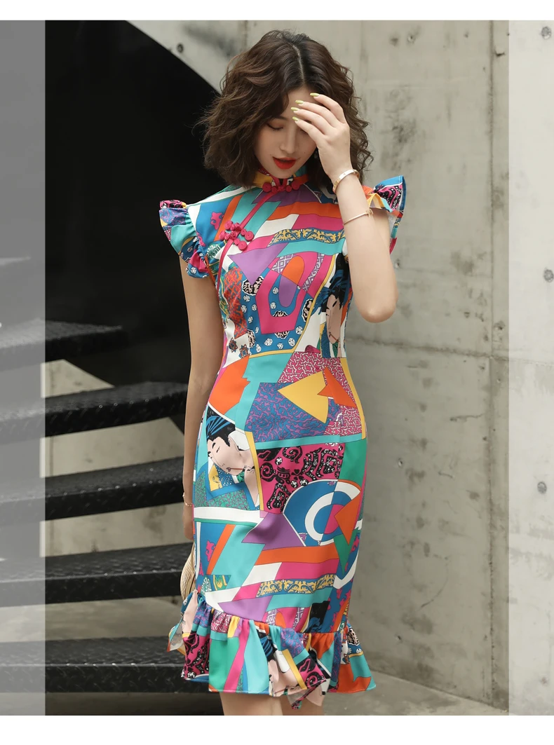 Новое модное короткое платье cheongsam для молодых девушек в стиле ретро, китайский стиль, улучшенное маленькое свежее платье с рыбьим хвостом, тонкое платье