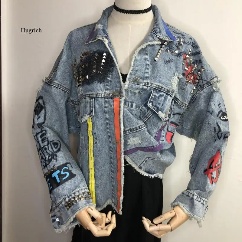 New Women's 2021 Spring Jean Jackets Women Coats Female Denim Graffiti Rivet Jacket Girl Outerwear Blue