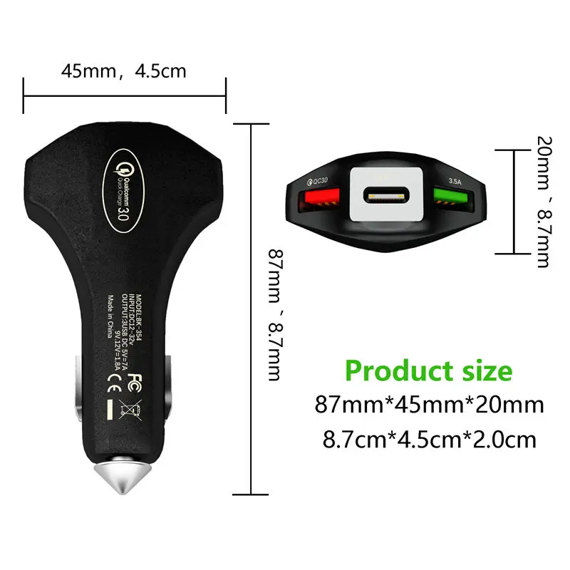 10 шт. 3 USB Автомобильное зарядное устройство для iPhone Быстрая зарядка 3,0 Автомобильное портативное зарядное устройство молоток Передняя Задняя QC3.0 Быстрая Зарядка телефона автомобильное зарядное устройство