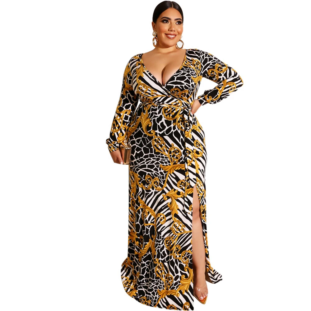 

Women Plus Size Dress Sexy Wrap Buttocks Dress Female Flower Print Split Hem Vestidos Deep V-neck Long Sleeve Party Long Dresses