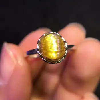 

Natural Gold Rutilated Quartz Adjustable Ring 8x7mm Oval Shape 925 Sterling Silver Woman Man Anniversary AAAAA Rings Certificate