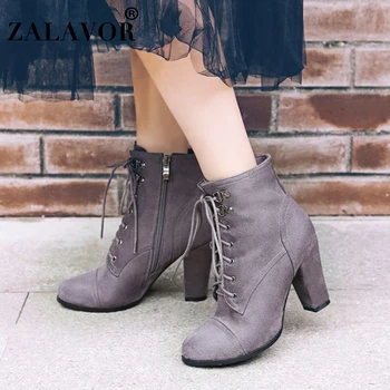 

ZALAVOR Women Ankle Boots Cross Strap Zipper Winter Shoes Women Square Heels Office Ladies Casual Warm Short Boots Size 34-43