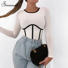 Simenual Fashion Long Sleeve Women Crop Top Summer 2020 Casual Patchwork Slim T Shirts Skinny Striped Bodycon Streetwear Tees