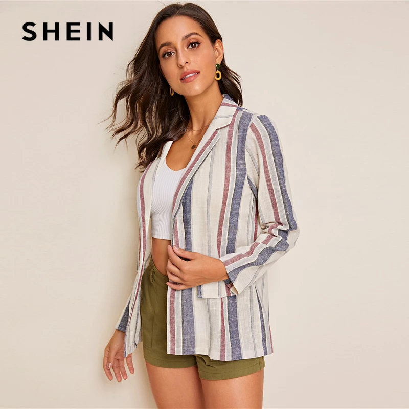 SHEIN многоцветный зазубренный воротник с клапаном карман деталь полосатый Блейзер Пальто для женщин осень Одна Кнопка Повседневный блейзер