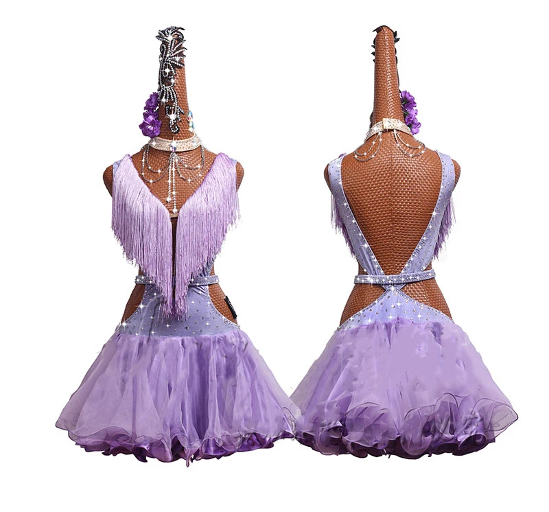 7 шт./компл. конкурс латиноамериканских танцев платья для выступлений платье для танцев вертикальный разрез светло-фиолетовая перилла Плиссированное Платье# LD261 - Цвет: Two-piece