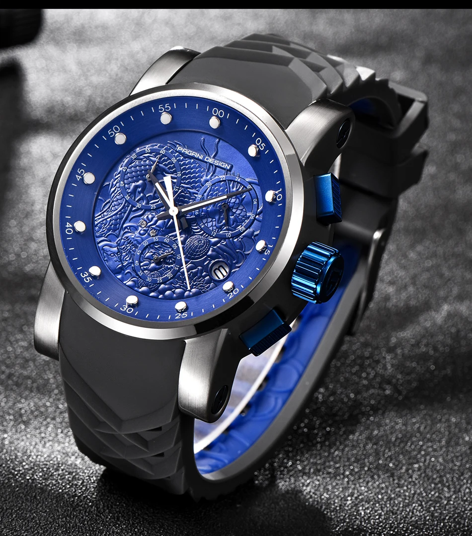 PAGANI Дизайн тисненый Дракон Хронограф Спортивные часы для мужчин люксовый бренд погружение 30 м силиконовый ремешок Кварцевые часы Relogio Masculino