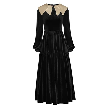 

HIGH QUALITY 2020 Newest Runway Dress Women's Peter Pan Collar Lantern Sleeve Velvet Mid-calf Dress