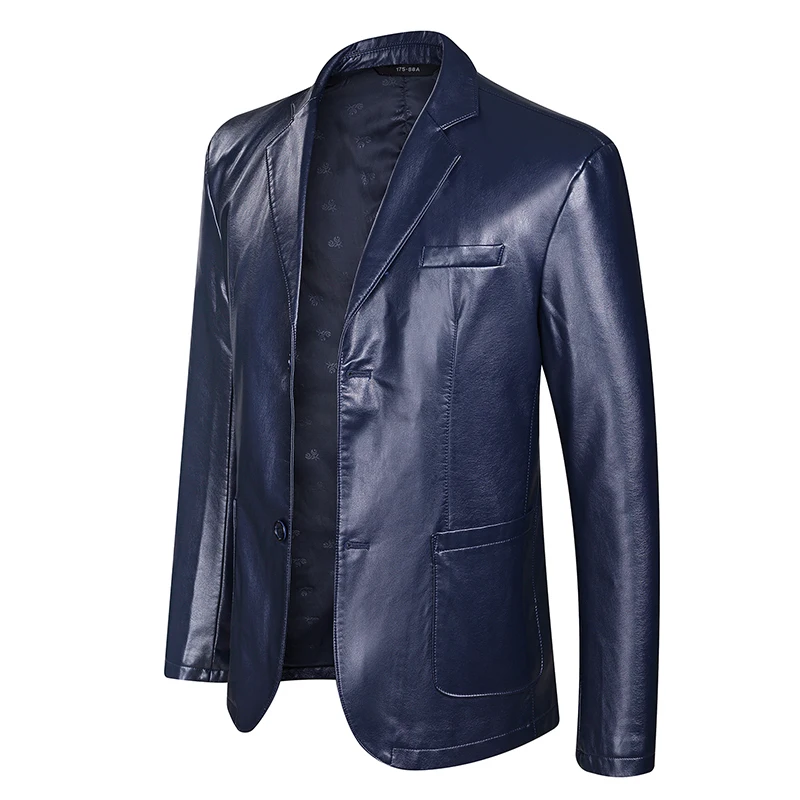 Fall 2021 New Suit Oversized Leather Jacket Business Fashion Men's Vegan Jacket Men's Slim Fit PU Leather Jacket Suit For Men blue leather jacket mens Casual Faux Leather