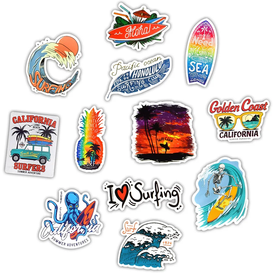 50 PCS Outdoor Surfing Stickers Summer Sports Tropical Beach Surfing Waterproof Stickers to DIY Surfboard Car Skateboard Sticker