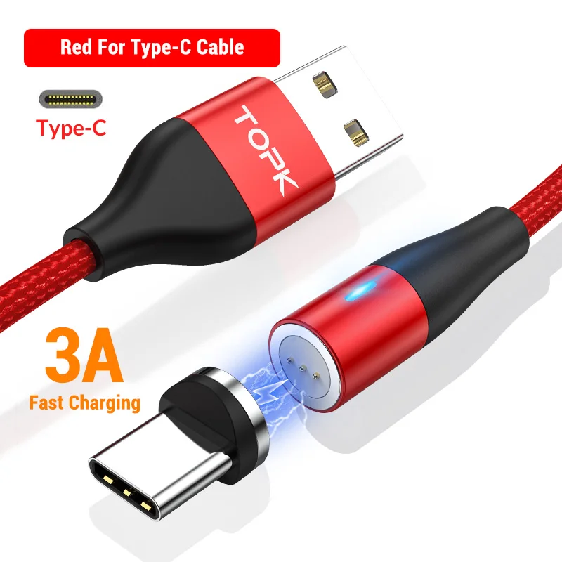 USB-C Cable (Red) TOPK AM60 3A 3rd Generation Fast Charging LED Magnetic USB Type C Cable for Xiaomi Redmi Note 7 USB Data Charging USB C Cable - Цвет: USB-C Cable (Red)