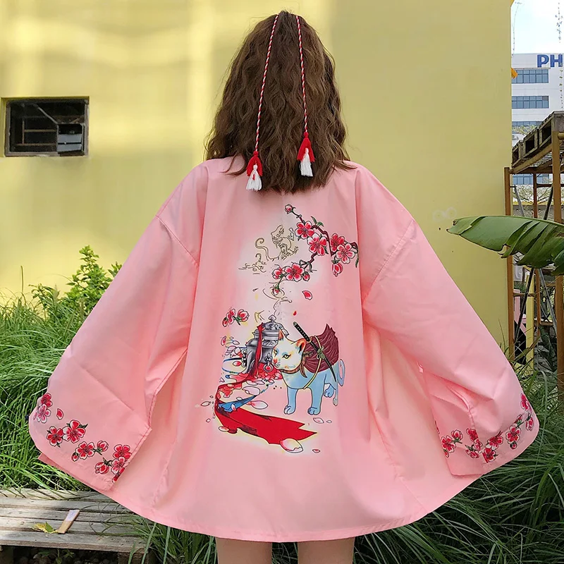 Yukata женский японский кимоно кардиган с принтом кота с длинным рукавом рубашка повседневные кимоно Femme азиатские Кимоно костюмы косплей Kawaii - Цвет: as picture