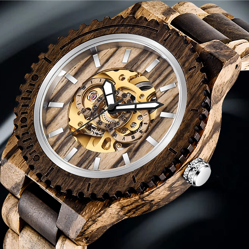 

Top Luxury Self Winding Mechanical Watch Men Wood Wristwatch Automatic Customized Gift for Dad Relogio Masculino
