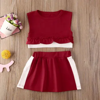 

Summer Baby Girl Skirt Set Baby Girls Solid Color Stitching Sleeveless Vest Blouse+Patchwork Short Skirts Casual Outfits