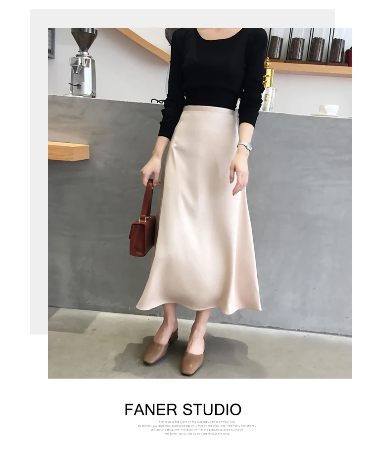 Saias de Cintura Elegante Saia Senhoras Brilhante Cetim Plain Moda Festa Escritório Saias Sólido Alta ol 12 High Quality Moda Feminina